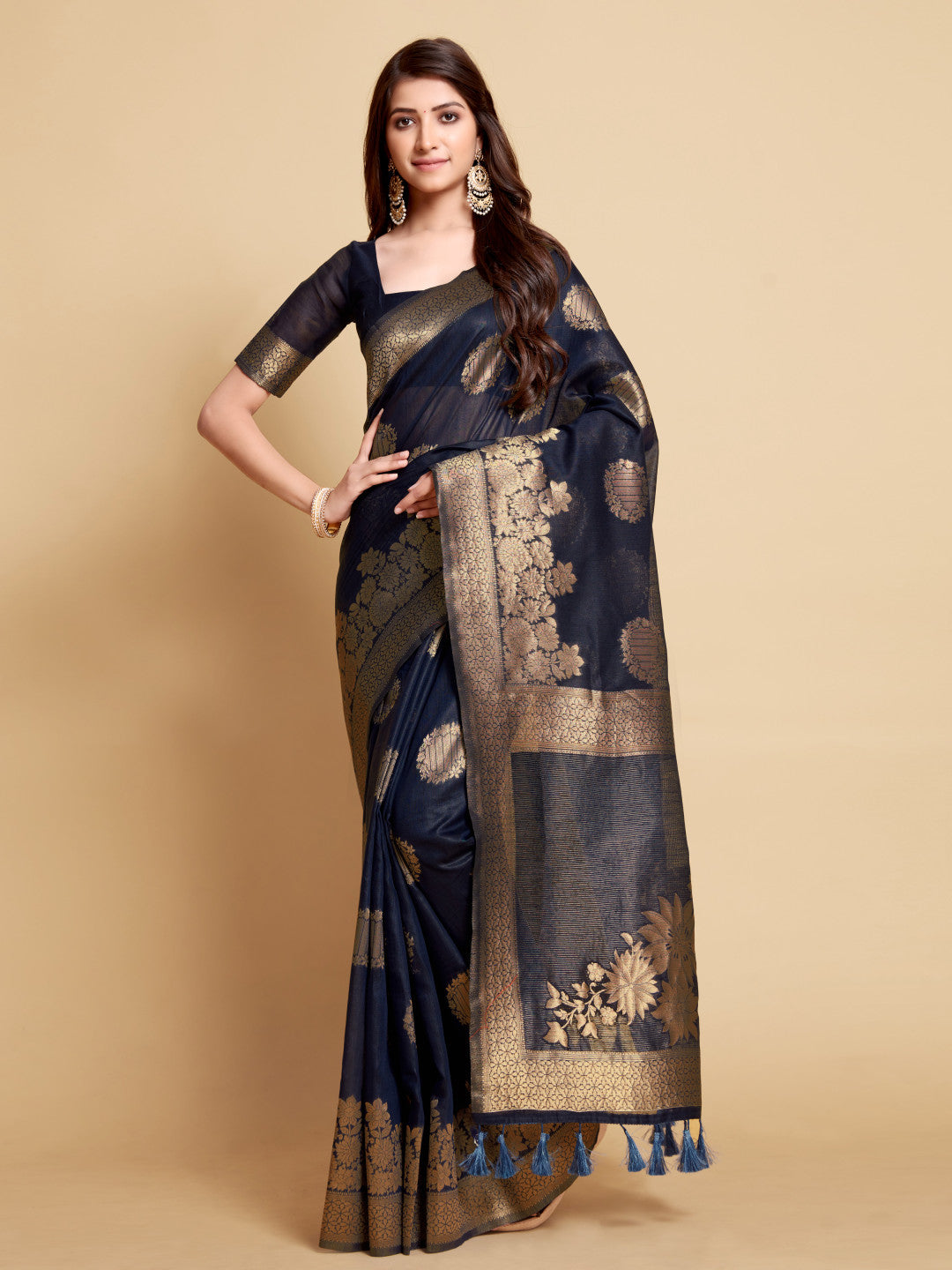 Navy Blue Soft Linen Silk Saree With Zari Weaving Work | Traditional Wedding & Festive Wear – JaipurSaaj