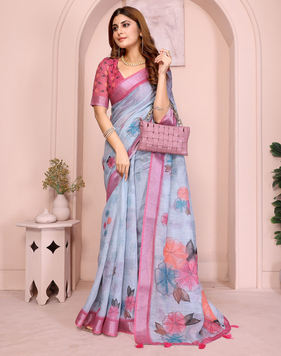 Multi Linen Cotton Saree With Digital Printed Work And Silver Zari Border