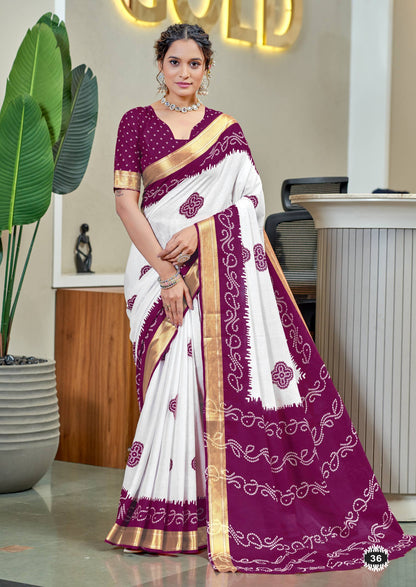 Purple Mulmul Cotton Saree With Bandhani Block Print & Zari Border | Ethnic Festive Wear – JaipurSaaj