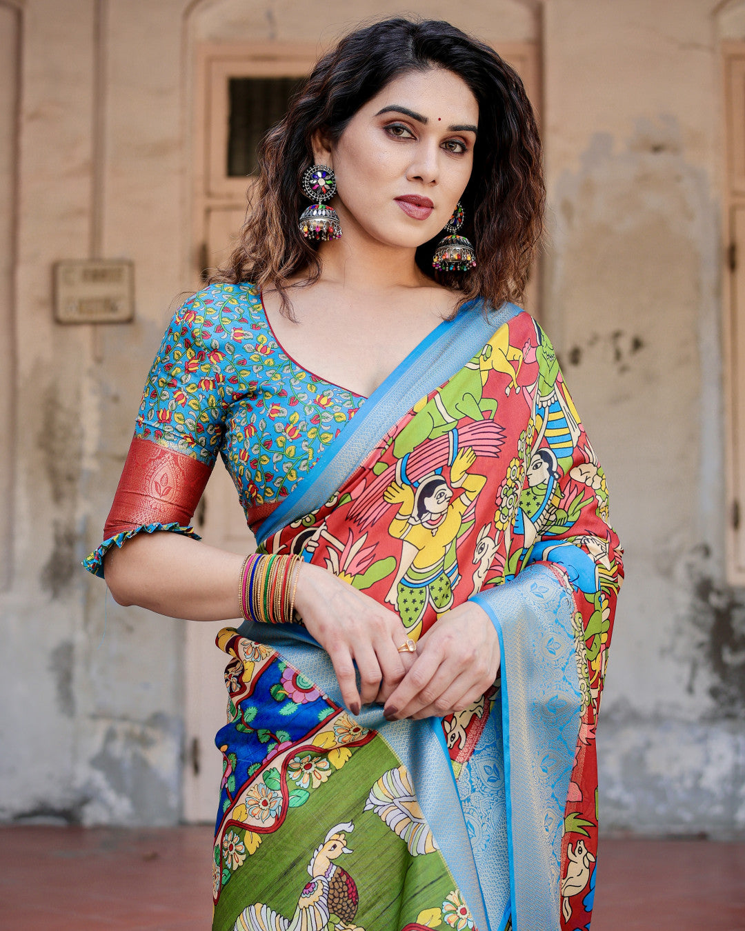 Multi Color Kalamkari Digital Printed Tussar Silk Saree | Designer Festive Ethnic Wear – JaipurSaaj
