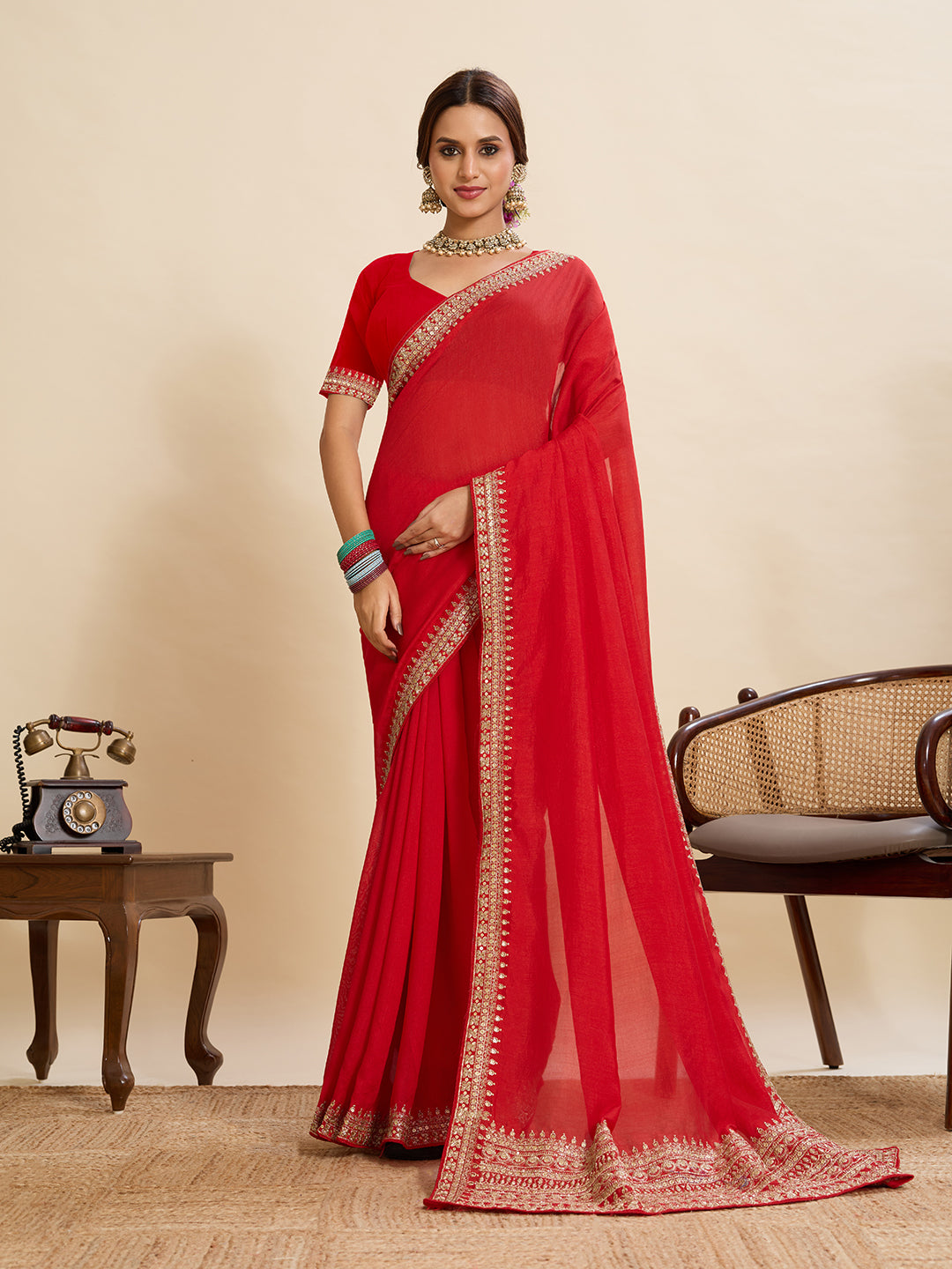 Red Soft Vichitra Silk Saree With Embroidery Work | Bridal Wedding & Festive Wear – JaipurSaaj