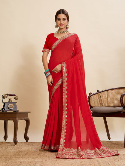 Red Soft Vichitra Silk Saree With Embroidery Work | Bridal Wedding & Festive Wear – JaipurSaaj