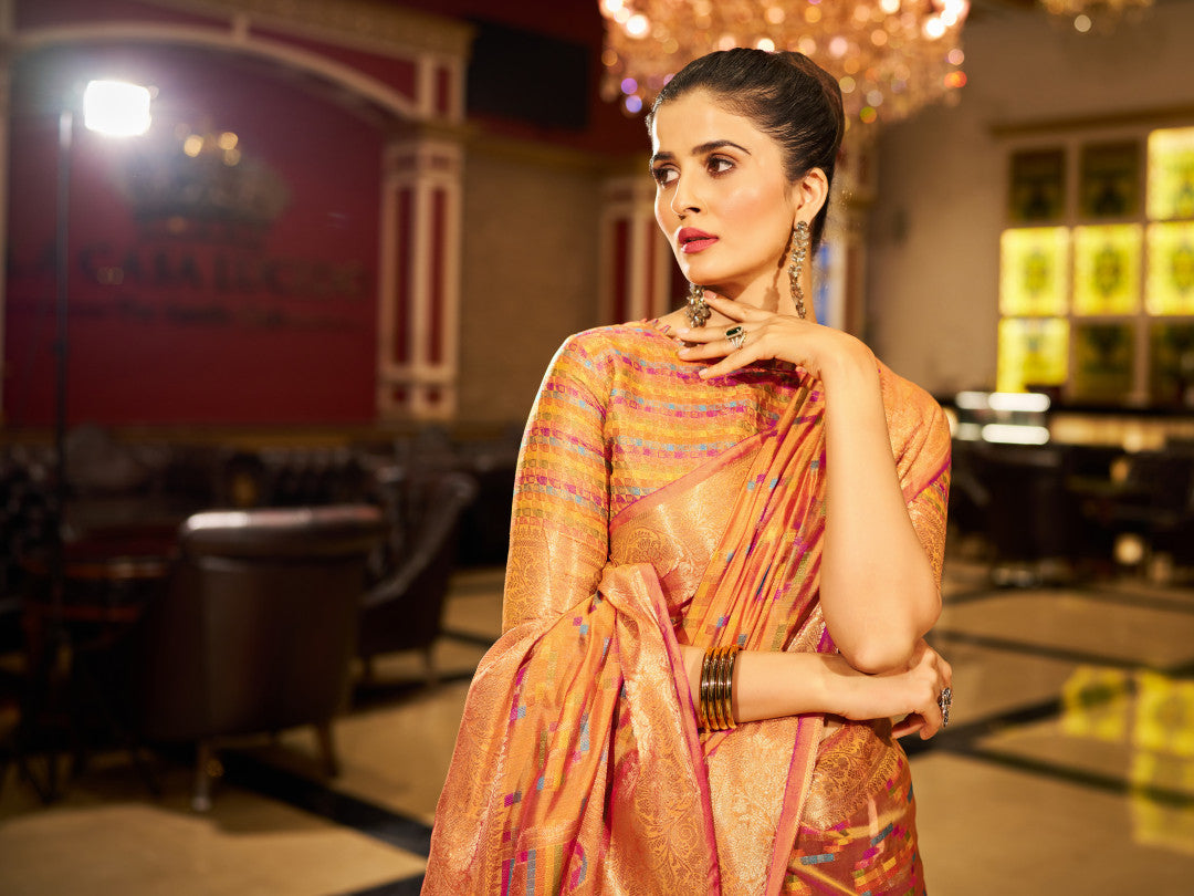Orange Green Organza Silk Saree with Zari Weaving Work | Wedding & Festive Wear – JaipurSaaj