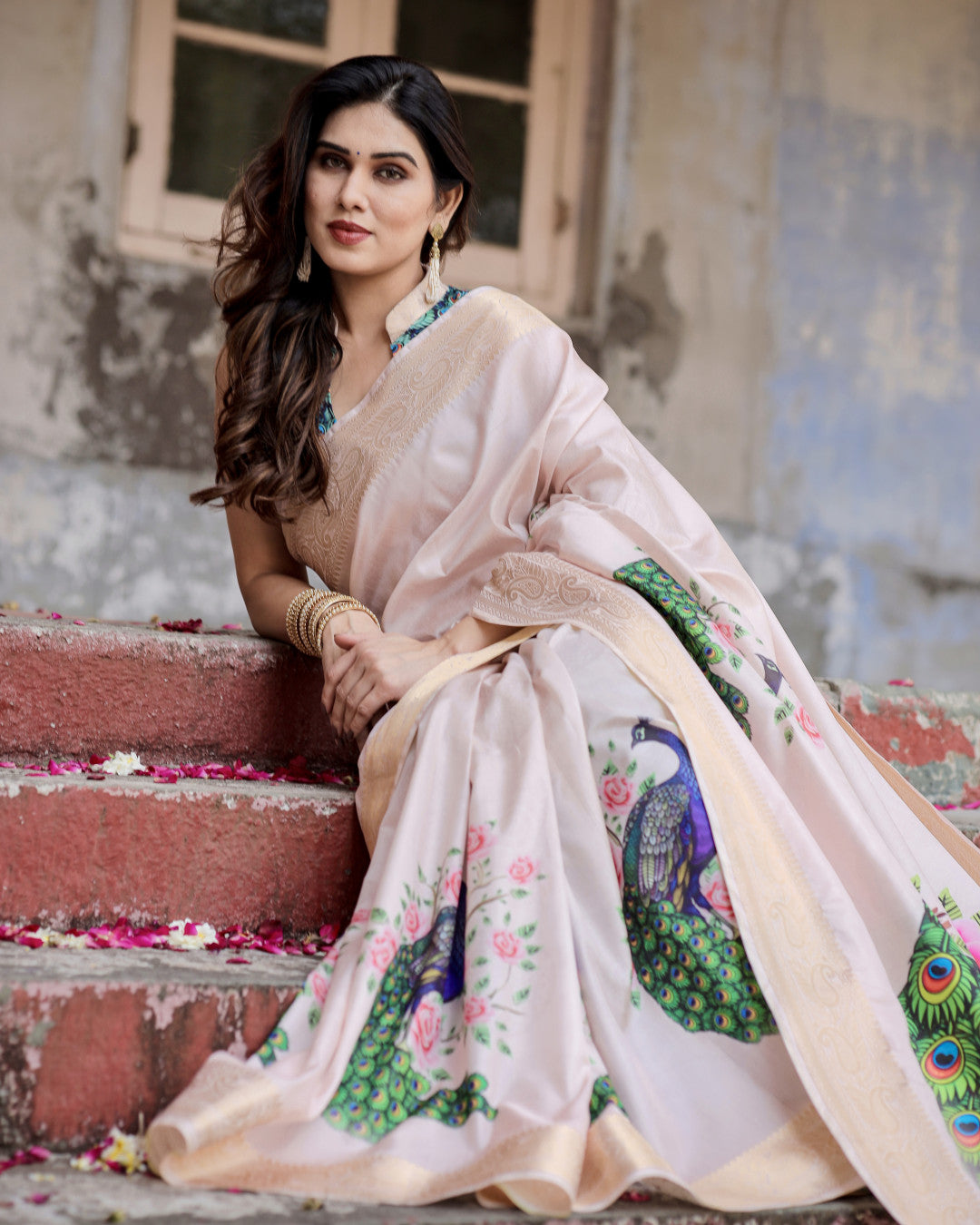 Pastel Pink Tussar Silk Saree With Digital Kalamkari Print & Zari Motif Border | Casual & Festive Wear – JaipurSaaj
