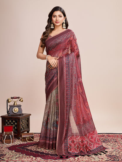 Multi Soft Linen Cotton Saree With Kalamkari Printed Work