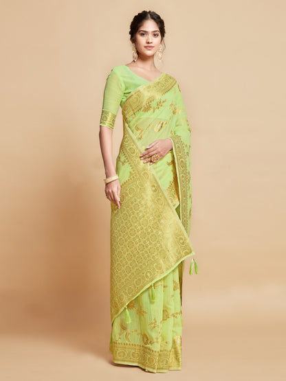 Pista Green Soft Linen Silk Saree With Zari Weaving Work | Traditional Wedding & Festive Wear – JaipurSaaj