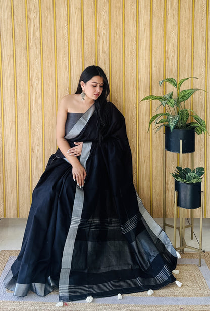 Black Linen Cotton Saree With Silver Zari Border