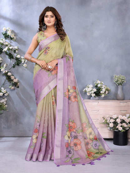 Multi Linen Cotton Saree With Digital Printed Work And Silver Zari Border