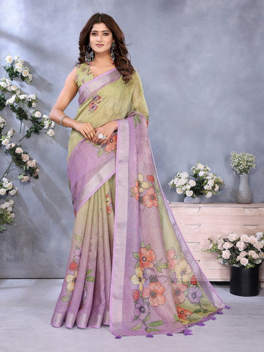Multi Linen Cotton Saree With Digital Printed Work And Silver Zari Border