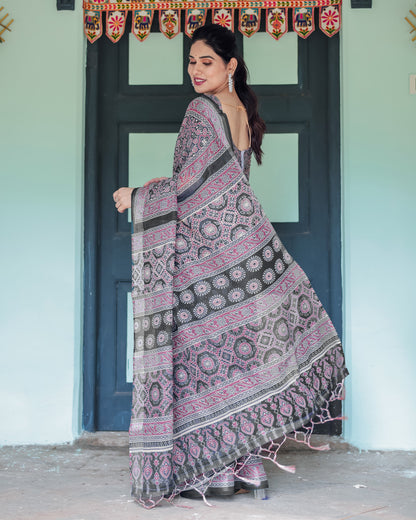 Black Soft Linen Cotton Saree With Ajarakh Digital Printed Work