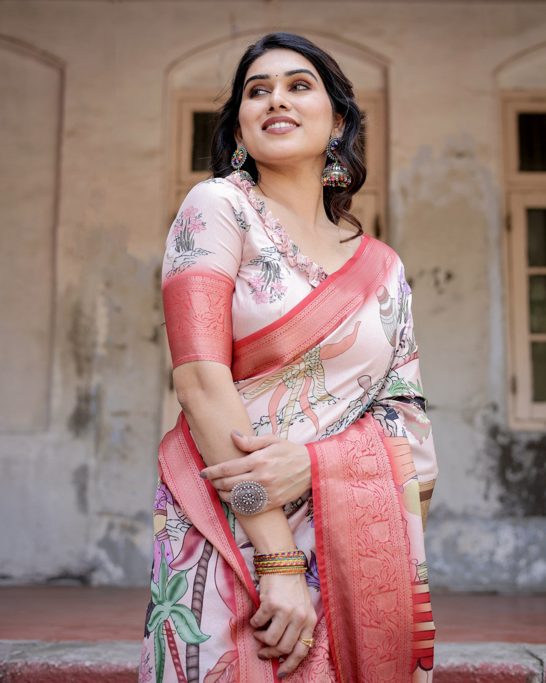 Multi Color Tussar Silk Saree With Digital Kalamkari Print & Zari Motif Border | Casual & Festive Wear – JaipurSaaj