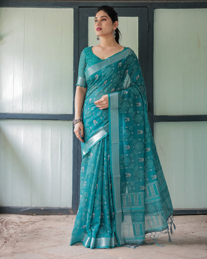 Rama Green Digital Printed Linen Cotton Saree | Summer Special Casual & Office Wear – JaipurSaaj