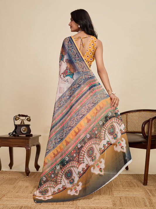 Multi Linen Cotton Saree With Digital Printed Work And Silver Zari Border