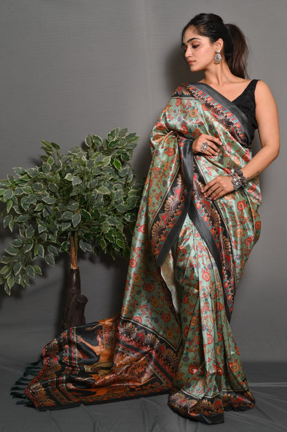 Sea Green Color Soft Silk Saree With Kalamkari Digital Printed Work
