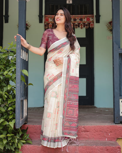 Multi Color Digital Printed Linen Cotton Saree | Summer Special Casual & Office Wear – JaipurSaaj