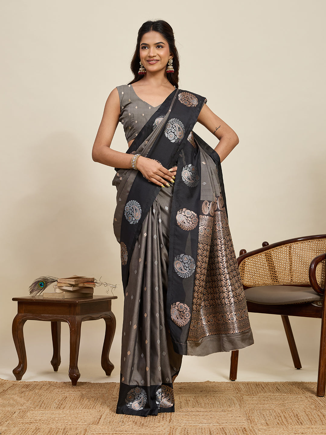 Gray Soft Silk Saree With Silver Banarasi Zari Weaving Work | Festive Wear – JaipurSaaj