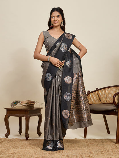 Gray Soft Silk Saree With Silver Banarasi Zari Weaving Work | Festive Wear – JaipurSaaj