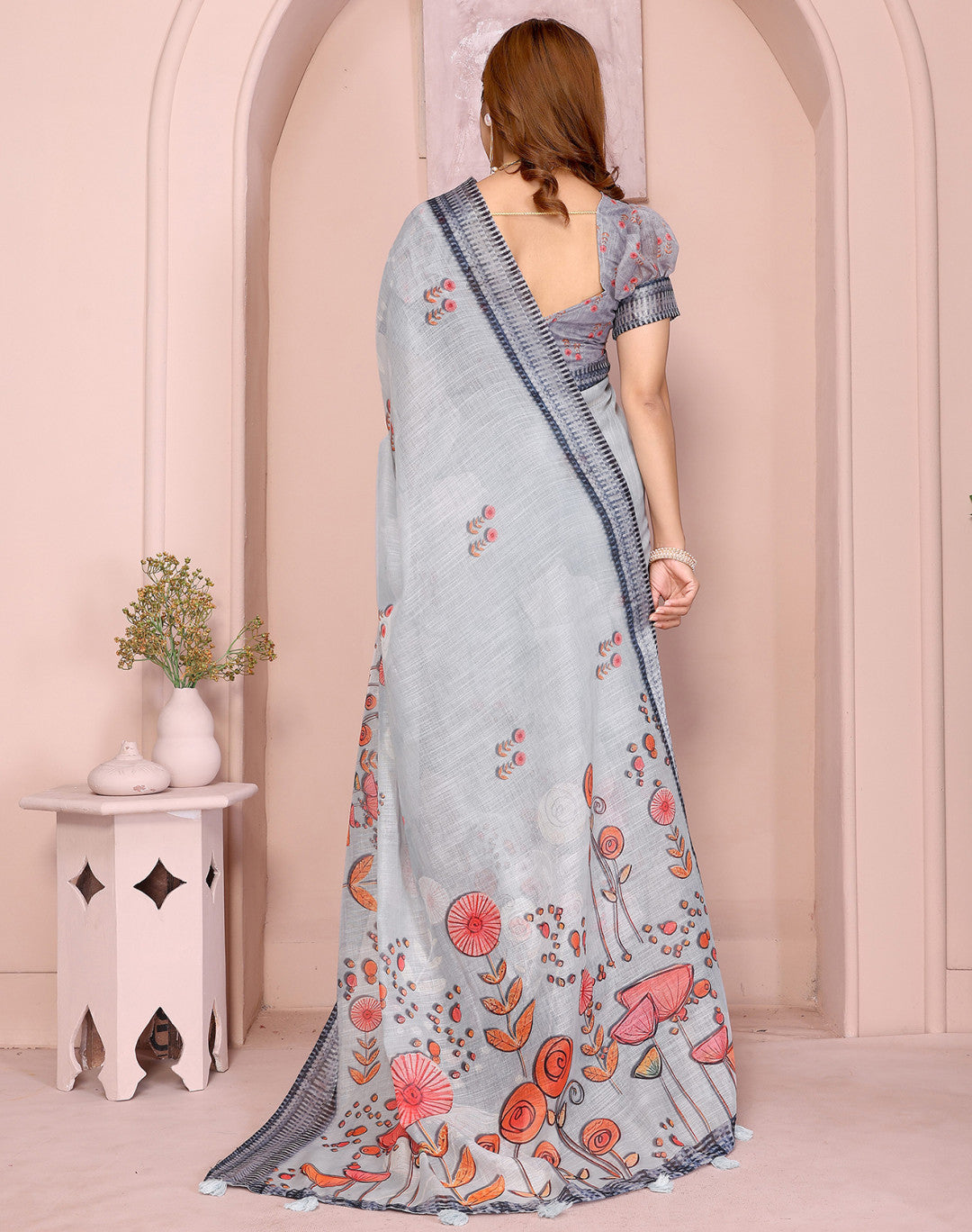 Multi Linen Cotton Saree With Digital Printed Work And Silver Zari Border