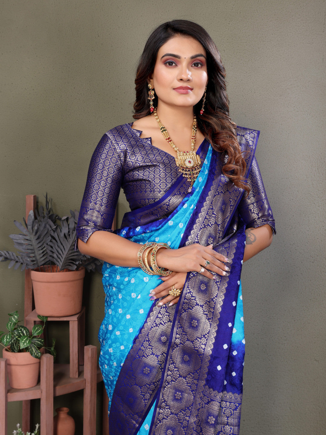 Sky Blue & Blue Bandhej Silk Saree With Zari Weaving Work | Festive Wedding Wear – JaipurSaaj