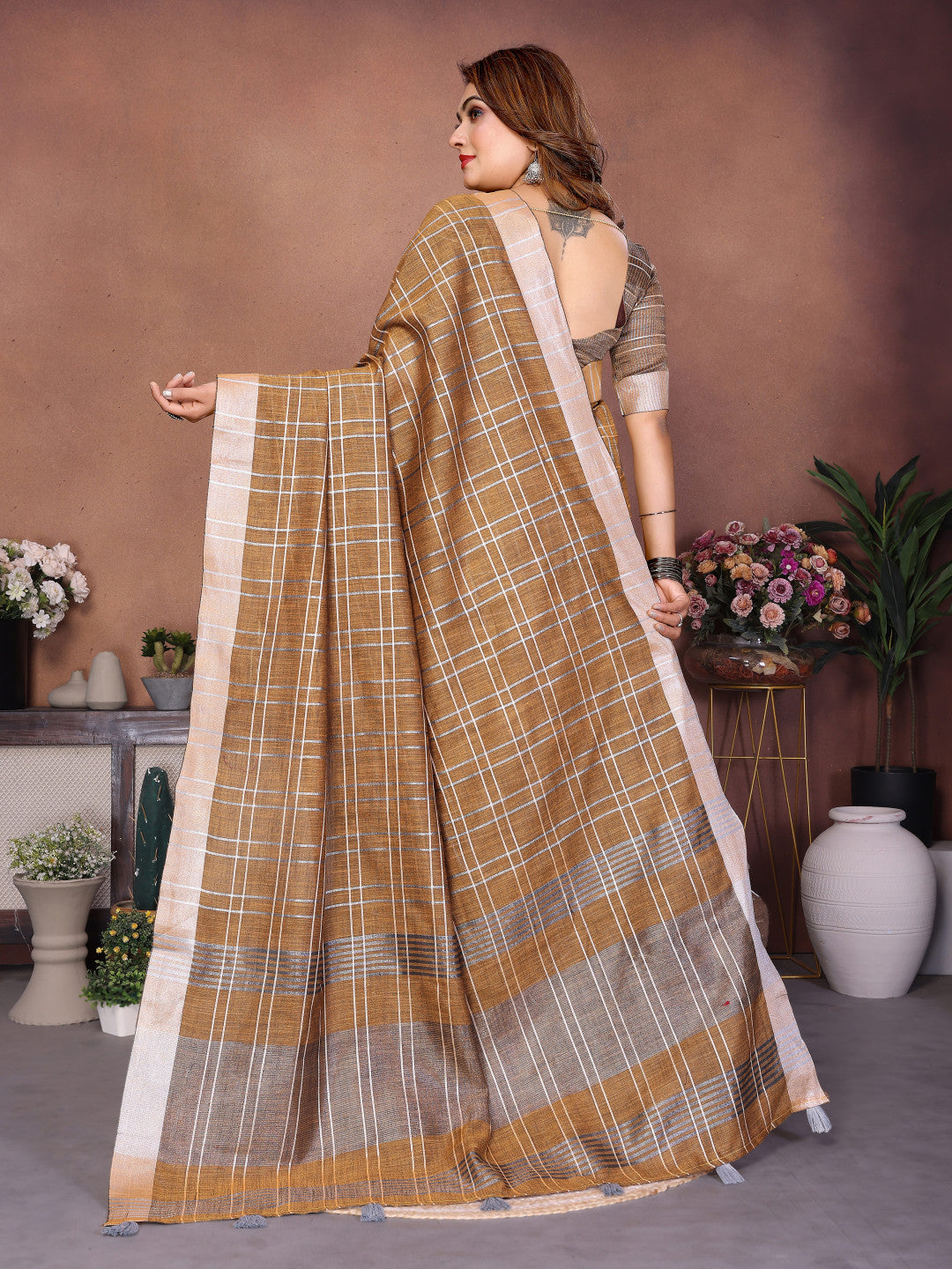Beige Linen Cotton Saree With Silver Zari Border