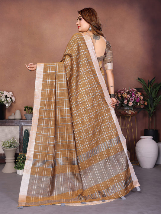 Beige Linen Cotton Saree With Silver Zari Border