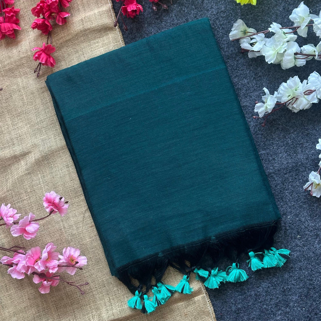 Teal Blue Plain Khadi Cotton Saree With Fancy Tassel Work | Handloom Office Wear – JaipurSaaj