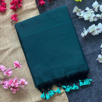 Teal Blue Plain Khadi Cotton Saree With Fancy Tassel Work | Handloom Office Wear – JaipurSaaj