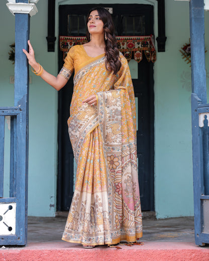 Mustard Yellow Kalamkari Digital Printed Linen Cotton Saree | Summer Casual & Ethnic Wear – JaipurSaaj