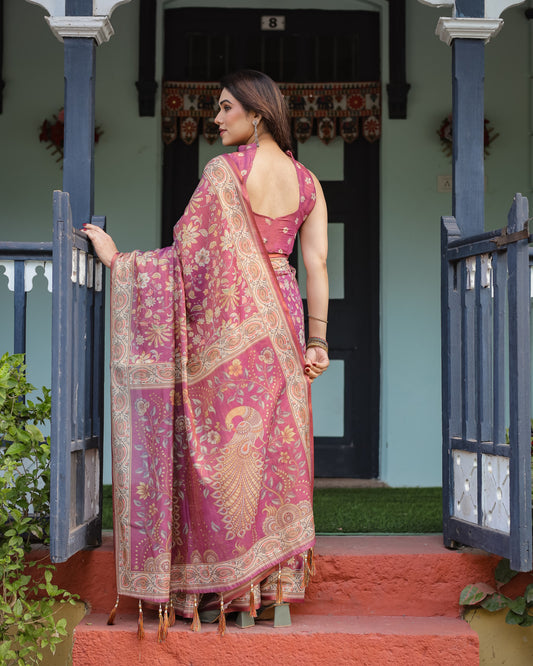 Magenta Soft Linen Cotton Saree With Kalamkari Printed Work