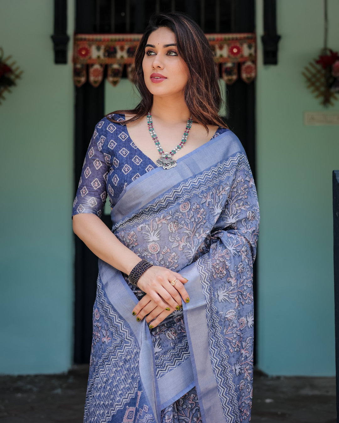 Blue Summer Special Digital Printed Linen Cotton Saree