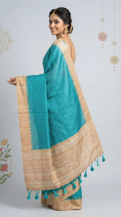 Blue Tussar Silk Saree With Checks Weaving Work | Office & Festive Wear – JaipurSaaj