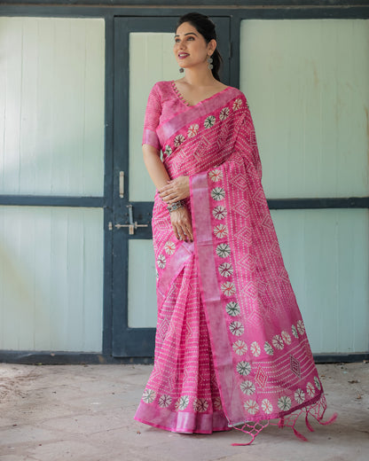 Baby Pink Soft Linen Cotton Saree With Digital Printed Work