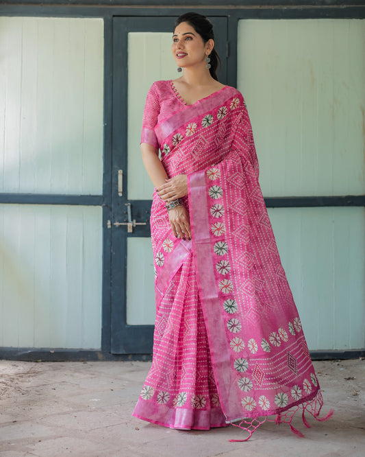 Baby Pink Soft Linen Cotton Saree With Digital Printed Work