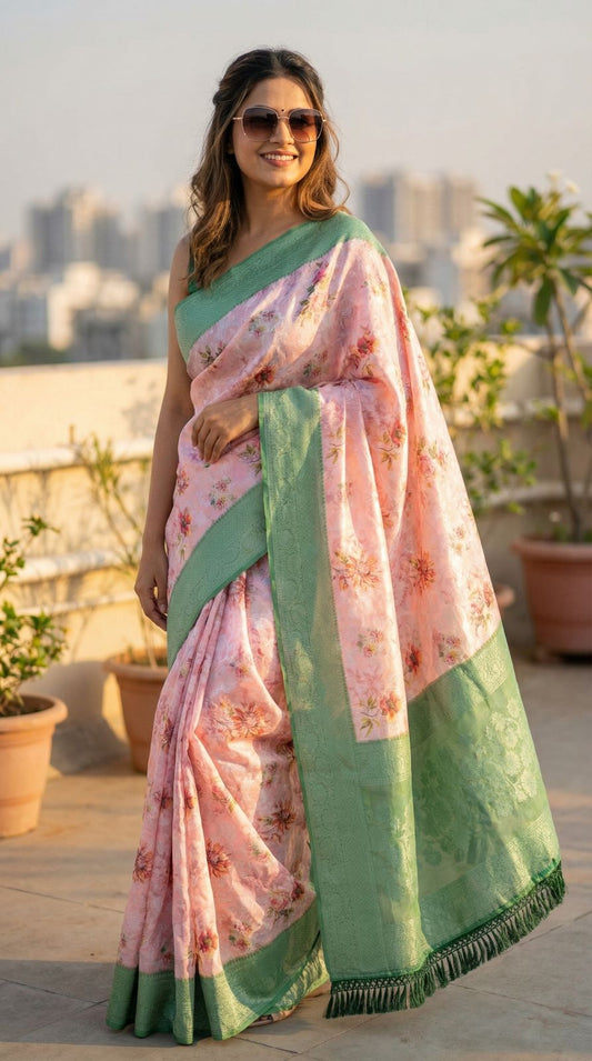 Baby Pink Floral Printed Brasso Silk Saree With Zari Weaving Work