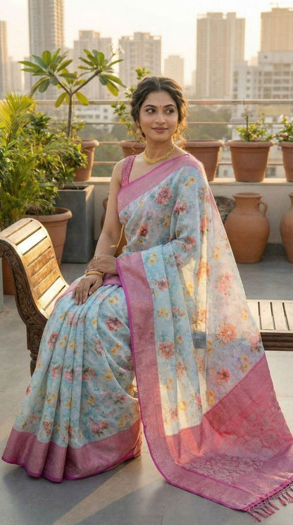 Sky Blue Brasso Silk Saree With Floral Print & Pink Zari Border | Party & Festive Wear – JaipurSaaj