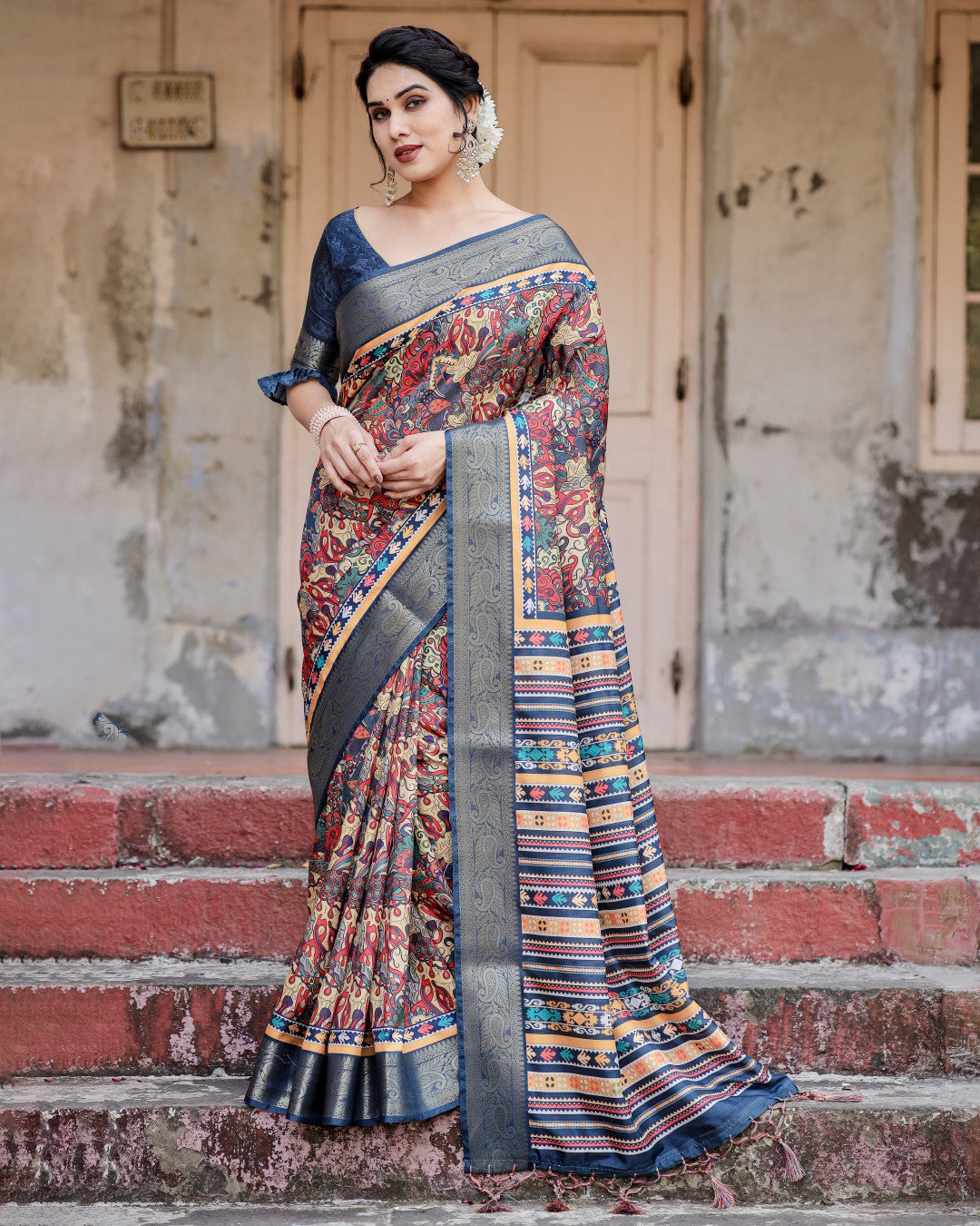 Mult Color Tussar Silk Saree With Digital Kalamkari Print & Zari Motif Border | Casual & Festive Wear – JaipurSaaj