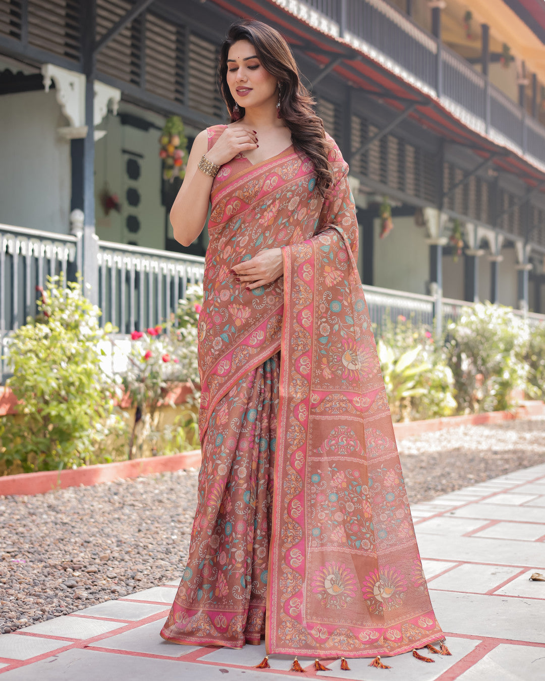 Maroon Soft Linen Cotton Saree With Kalamkari Digital Printed Work