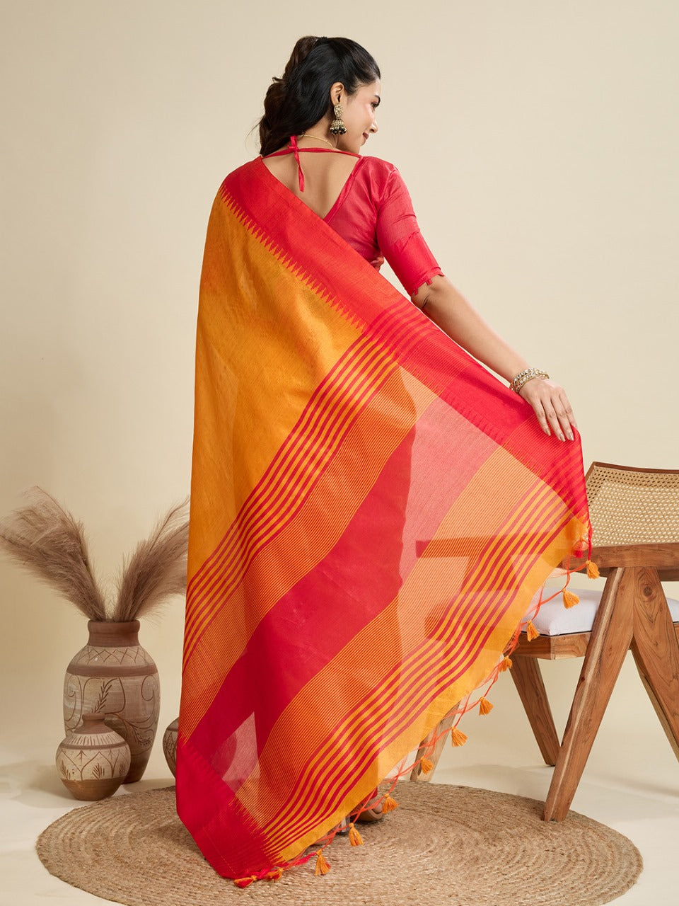 Orange Color Khadi Raw Silk Saree With Zari Lining Pallu With Tample Border