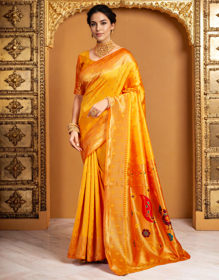 Traditional Orange Paithani Silk Saree With Zari Weaving Work