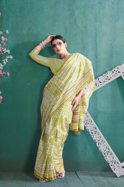 Green Soft Pure Cotton Silk Saree With Bagru Print Work | Casual Ethnic & Office Wear – JaipurSaaj