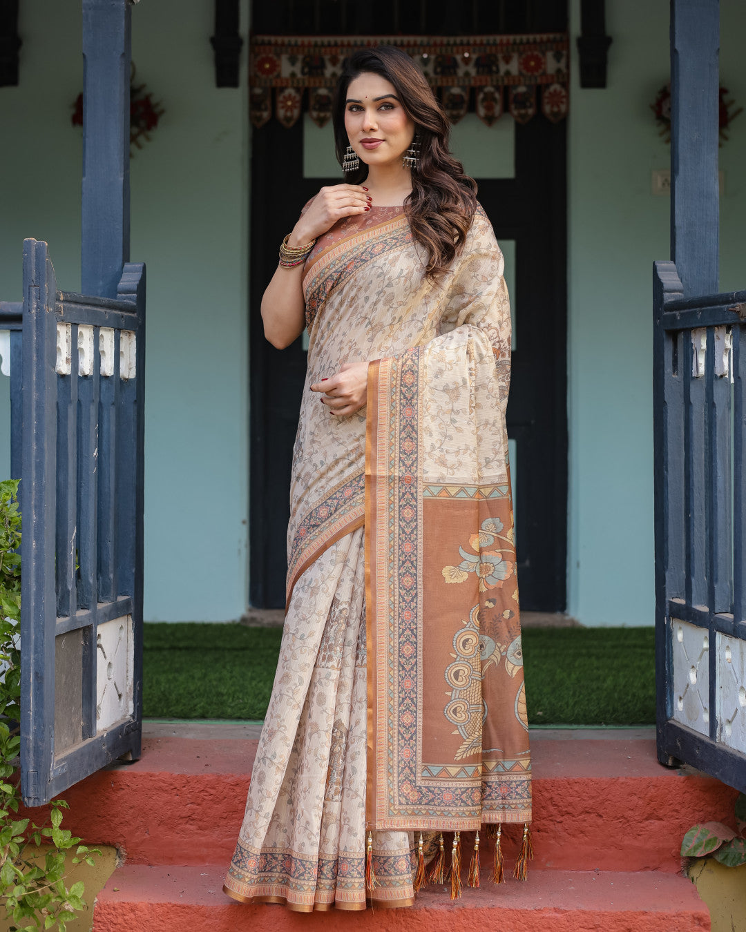 Beige Soft Linen Cotton Saree With Kalamkari Printed Work