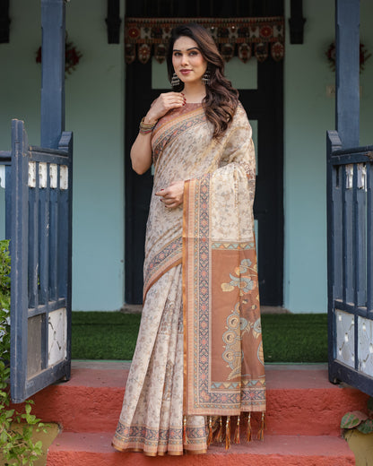 Beige Soft Linen Cotton Saree With Kalamkari Printed Work