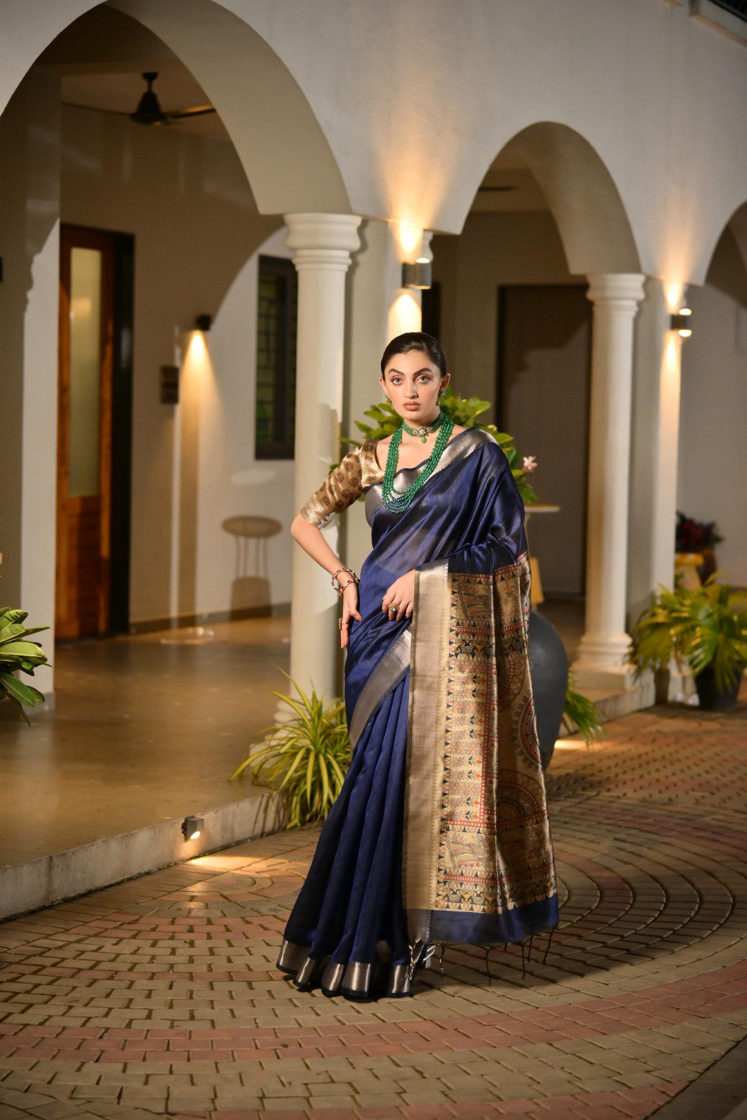 Navy Blue Khadi Raw Silk Saree With Beautiful Madhubani Printed Pallu | Party & Wedding Wear – JaipurSaaj