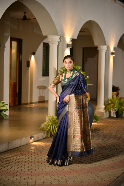 Navy Blue Khadi Raw Silk Saree With Beautiful Madhubani Printed Pallu | Party & Wedding Wear – JaipurSaaj