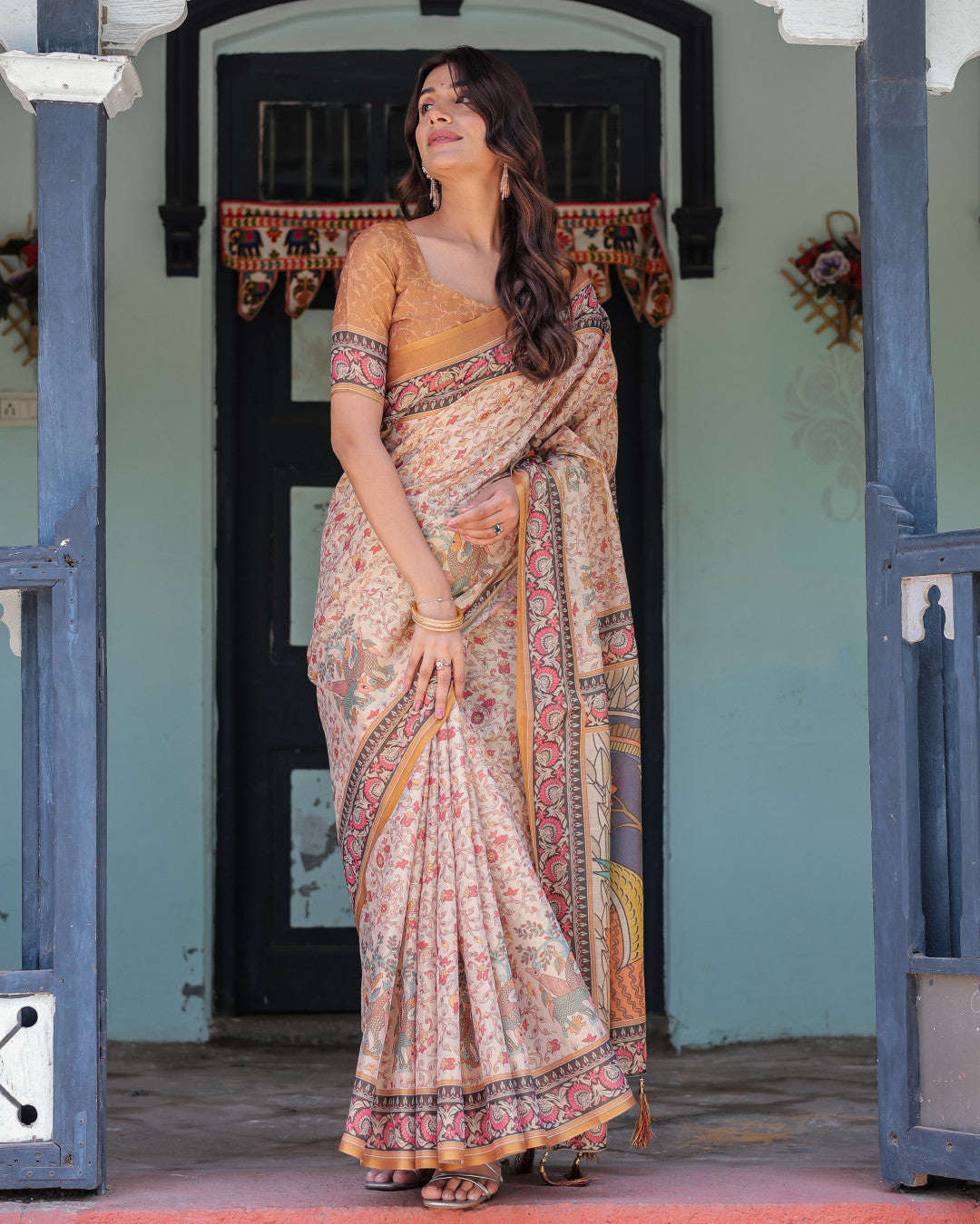 Multi Color Kalamkari Digital Printed Linen Cotton Saree | Summer Casual & Ethnic Wear – JaipurSaaj