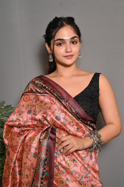 Peach Color Soft Silk Saree With Digital Printed Work