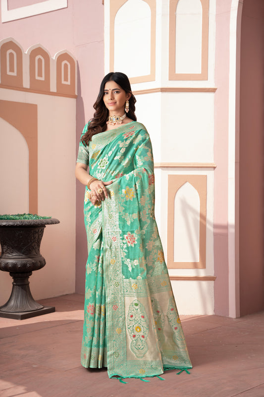 Sea Green Banarasi Cotton Silk Saree With Zari Woven Work