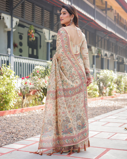 Off White Kalamkari Digital Printed Linen Cotton Saree | Summer Casual & Ethnic Wear – JaipurSaaj
