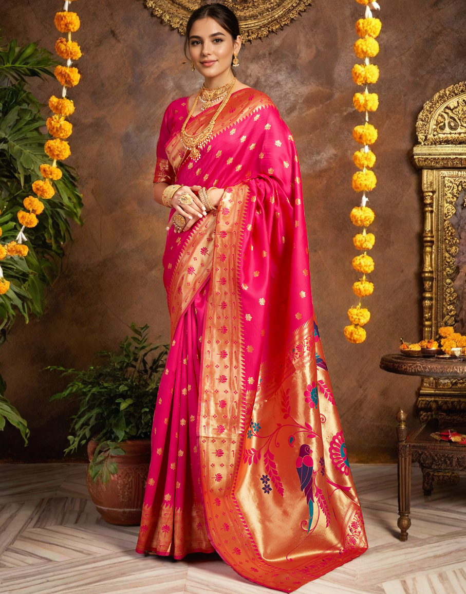 Traditional Pink Paithani Silk Saree With Zari Weaving Work