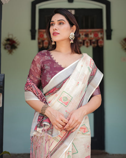 Multi Color Digital Printed Linen Cotton Saree | Summer Special Casual & Office Wear – JaipurSaaj